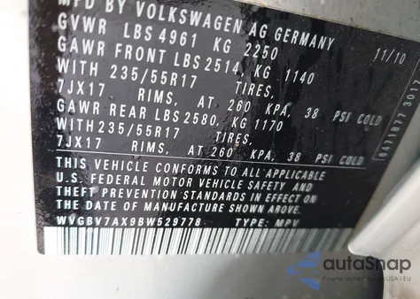 2011 Volkswagen Tiguan Se z USA, uszkodzony, nr VIN WVGBV7AX9BW529778